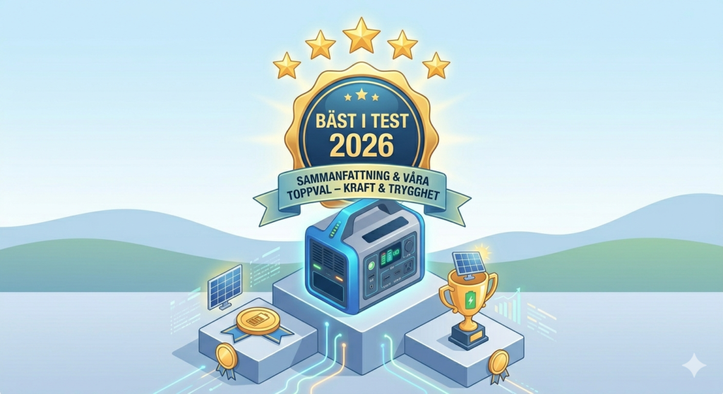 En grafisk sammanfattning på svenska i isometrisk 3D-stil, där en premium powerstation står på ett podium med ett guldsegel/emblem som visar texten "BÄST I TEST 2026" och "VÅRA TOPPVAL – KRAFT & TRYGGHET". Fem guldstjärnor svävar ovanför.