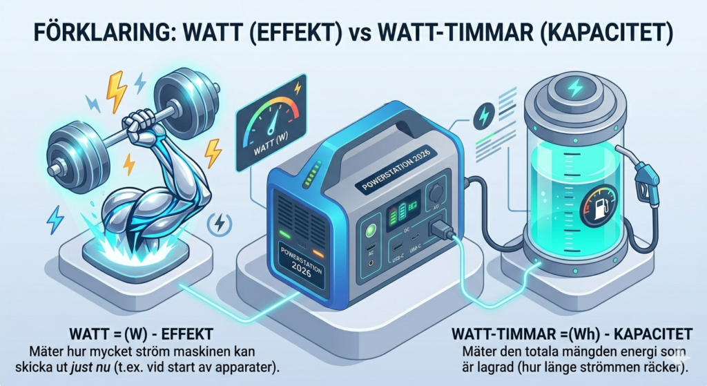 En pedagogisk infografik som jämför Watt (Effekt, musklerna) och Watt-timmar (Kapacitet, bensintanken) med hjälp av en muskulös arm och en energitank bredvid en isometrisk powerstation.