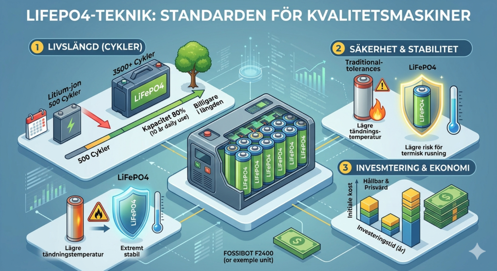 En isometrisk grafisk illustration som jämför LiFePO4-batterier med traditionella Litium-jon-batterier, som visar fördelar som 3500+ cykler, lång livslängd på 10 år, extrem stabilitet med en skyddssköld mot termisk rusning, och bättre långsiktig ekonomi. All text är på svenska.