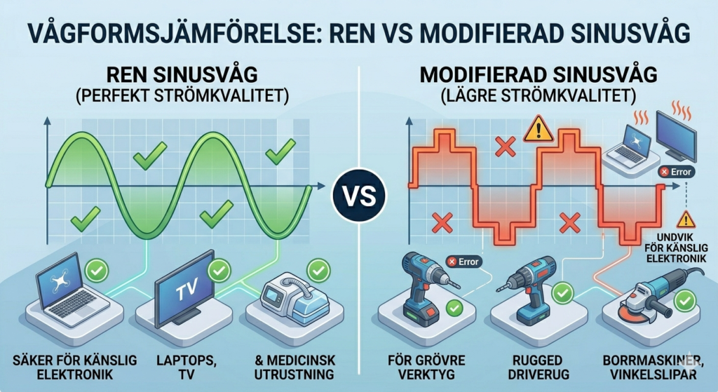 En pedagogisk isometrisk grafisk illustration på svenska som jämför en Ren Sinusvåg (mjuk kurva, säker för känslig elektronik som laptops och TV) med en Modifierad Sinusvåg (hackig trappa, endast för grövre verktyg). Tydliga checkmarks och kryss markerar vad som fungerar.