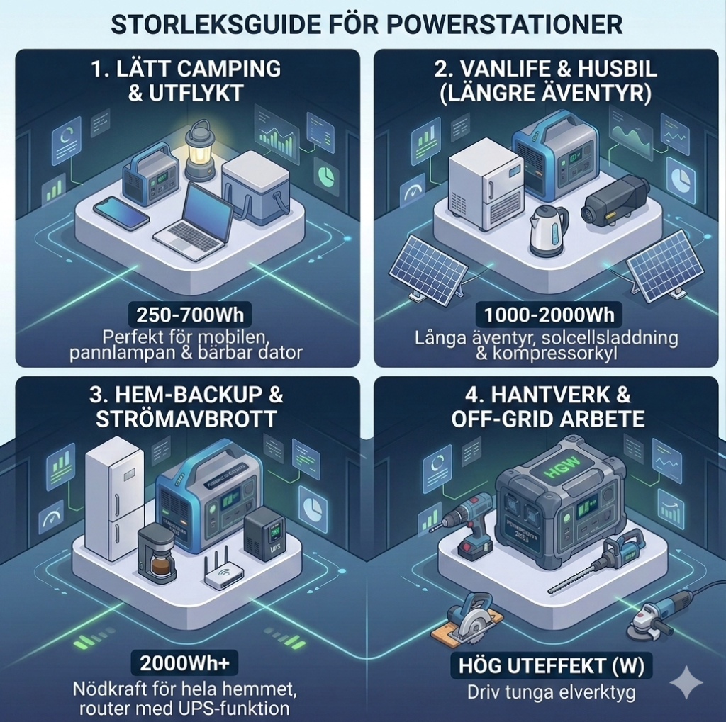 En isometrisk grafisk storleksguide på svenska som delar in powerstationer i fyra kategorier baserat på behov: 1. Lätt Camping & Utflykt (250-7000Wh), 2. Vanlife & Husbil(längre äventyr) 1000-2000Wh, 3. Hem-backup & Strömavbrott (2000Wh+),4. Hantverk & Off-grid arbete (Hög uteffekt). Olika apparater och verktyg visas för varje kategori.