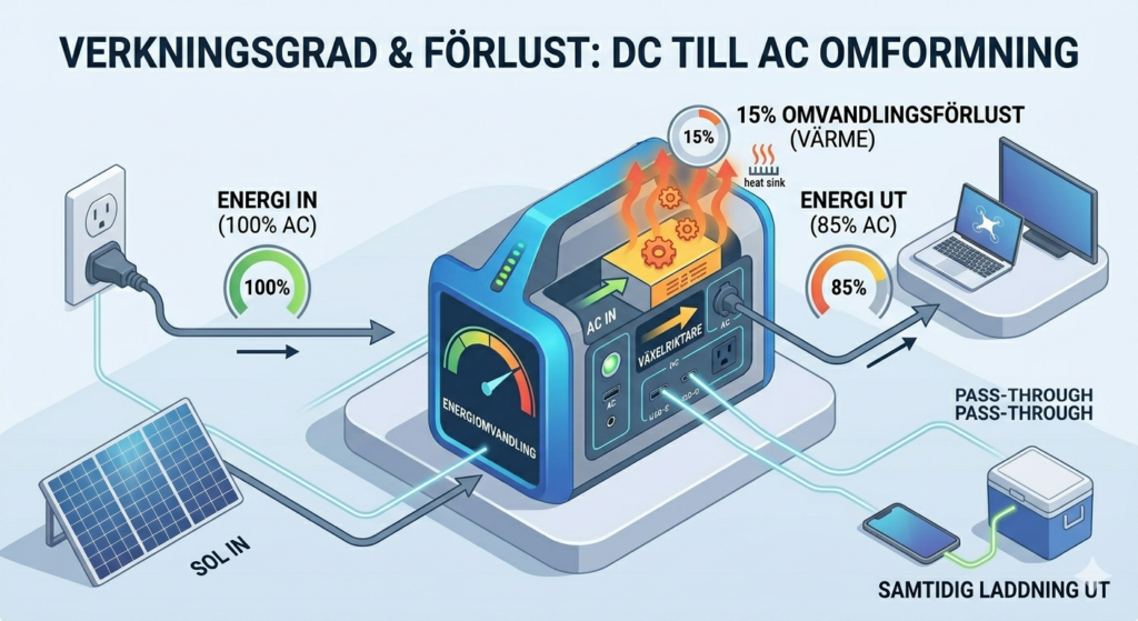 En pedagogisk isometrisk illustration som visar energiflödet genom en powerstation, med 15% förlust som värme och 85% användbar energi vid AC-uttaget, inklusive ett litet diagram för pass-through laddning.